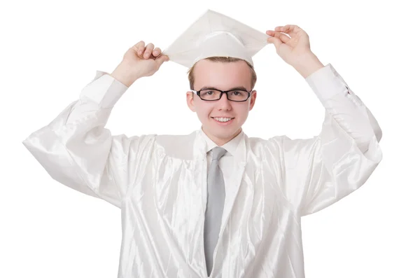 Młody mężczyzna student ukończył liceum na białym — Zdjęcie stockowe