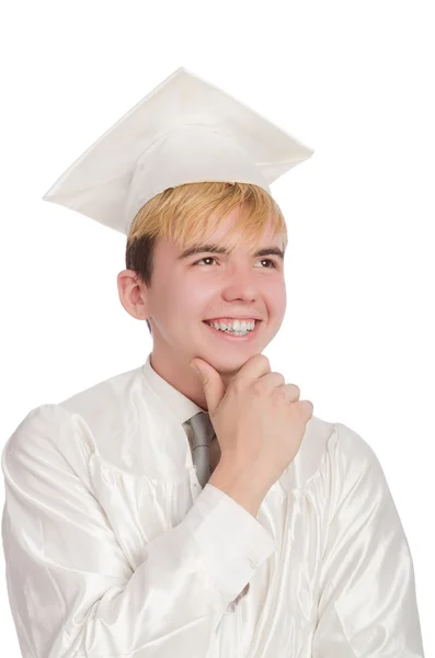Młody mężczyzna student ukończył liceum na białym — Zdjęcie stockowe