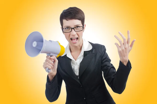 Senhora de negócios gritando para alto-falante — Fotografia de Stock