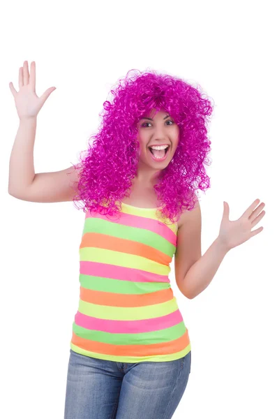 Woman with colourful wig isolated on white — Stock Photo, Image