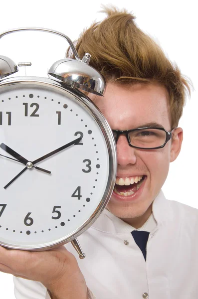 Funny doctor with alarm clock isolated on white — Stock Photo, Image