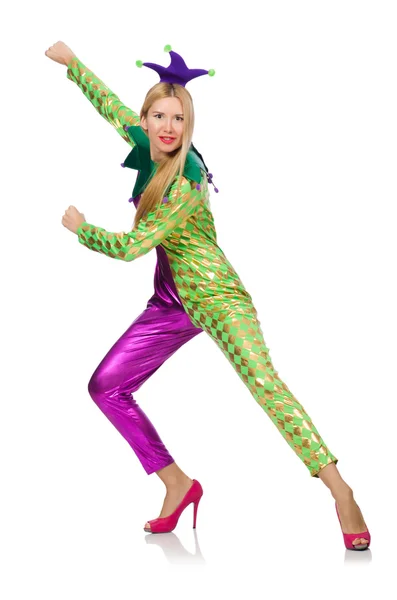 Woman wearing clown costume isolated on white — Stock Photo, Image