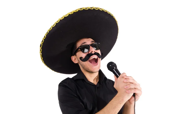 Homme drôle portant chapeau sombrero mexicain isolé sur blanc — Photo