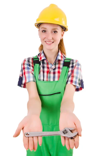 Constructon worker female with wrench isolated on white — Stock Photo, Image