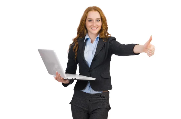 Businesswoman with laptop isolated on white — Stock Photo, Image