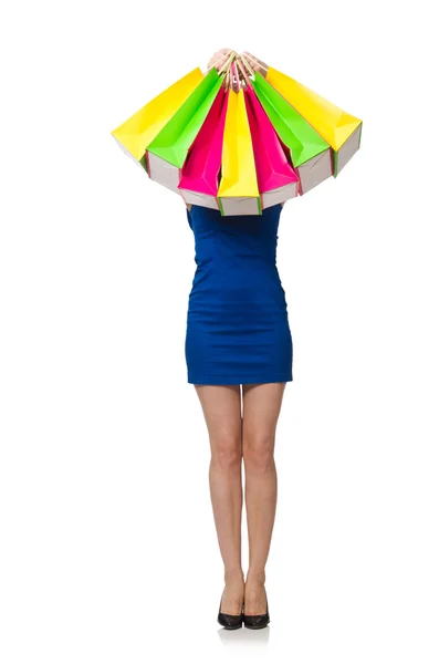 Žena s mnoha nákupních tašek na bílém — Stock fotografie