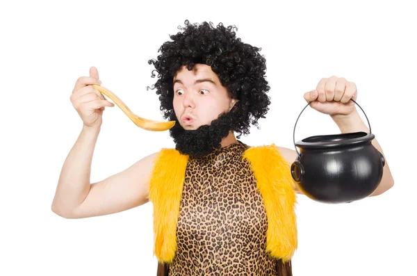 Funny caveman with pot — Stock Photo, Image