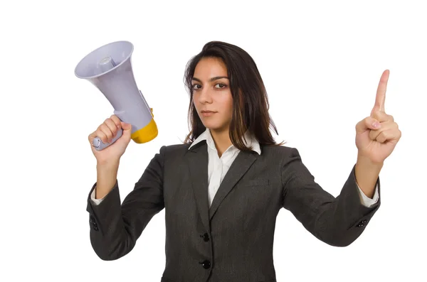 Woman with loudspeaker on white — Stock Photo, Image