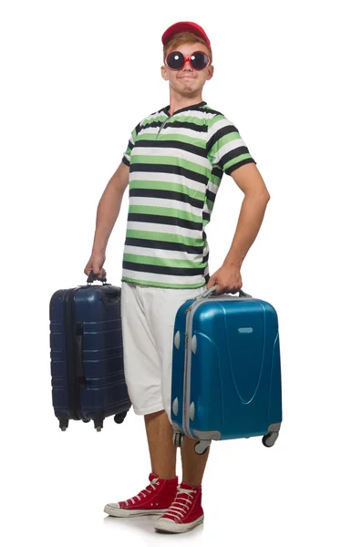 Homem engraçado com mala isolada em branco — Fotografia de Stock
