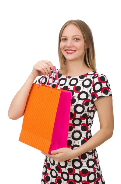 Jovem mulher depois de fazer compras isolado no branco — Fotografia de Stock