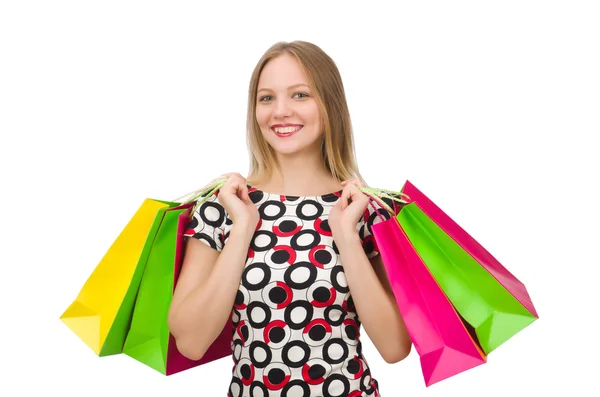 Jovem mulher depois de fazer compras isolado no branco — Fotografia de Stock