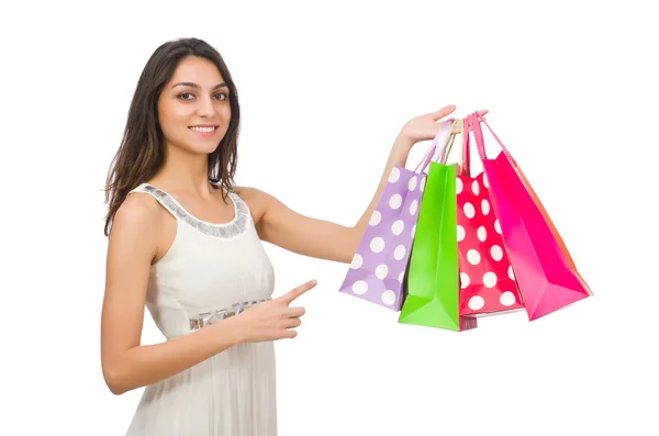 Kobieta z torbami na zakupy izolowane na białym — Zdjęcie stockowe