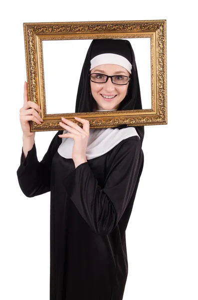 Junge Nonne mit Rahmen isoliert auf weiß — Stockfoto