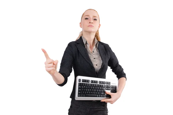 Giovane ragazza ufficio serio che punta isolato su bianco — Foto Stock