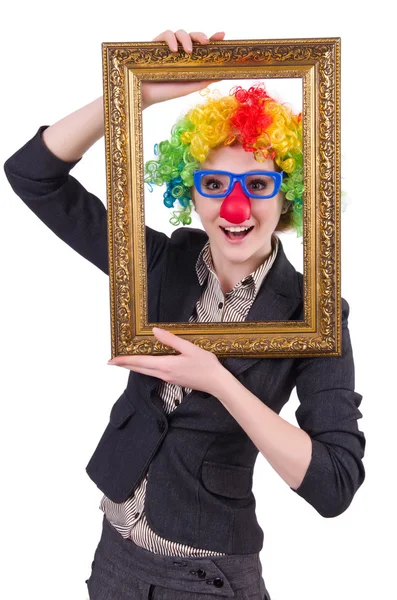 Grappige clown meisje met frame — Stockfoto