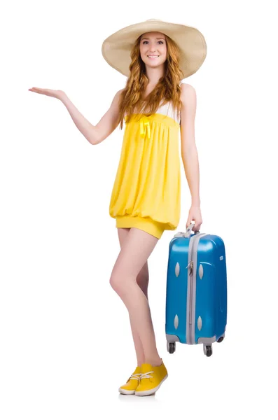 Young girl with travel case holding isolated on white — Stock Photo, Image