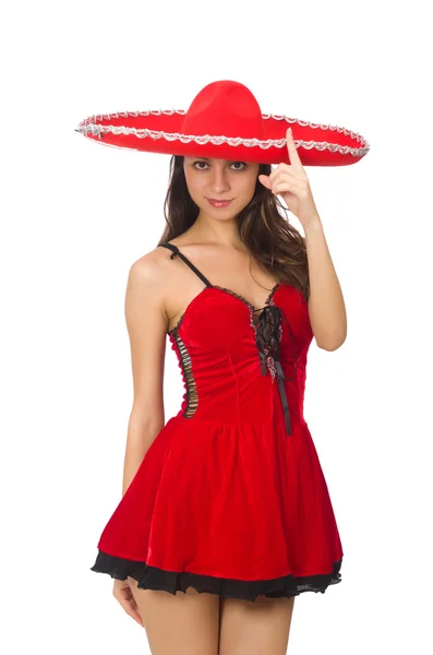 Woman wearing red sombrero isolated on white — Stock Photo, Image