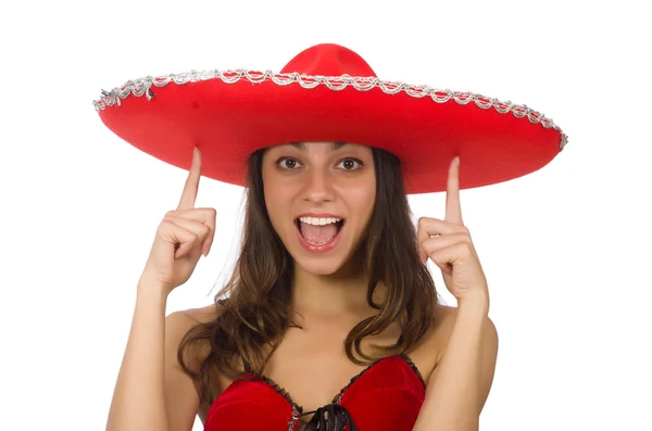 Mujer con sombrero rojo aislado en blanco — Foto de Stock