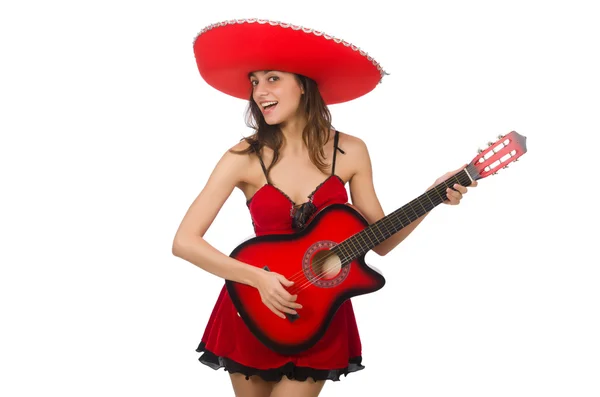 Woman wearing red sombrero isolated on white — Stock Photo, Image