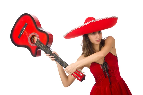 Woman wearing red sombrero isolated on white — Stock Photo, Image