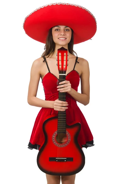 Woman wearing red sombrero isolated on white — Stock Photo, Image