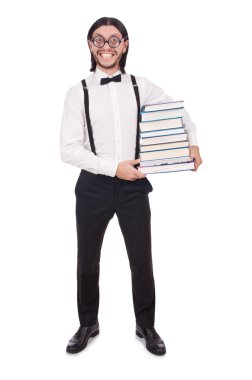 Kitapları beyaza saklanmış komik bir öğrenci.