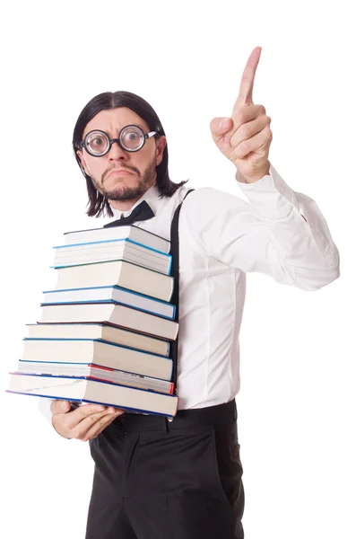 Funny student with books isolated on white — Stock Photo, Image