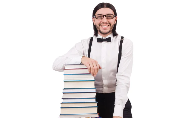 Estudiante divertido con libros aislados en blanco —  Fotos de Stock