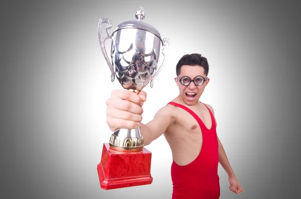Funny wrestler with winners cup — Stock Photo, Image