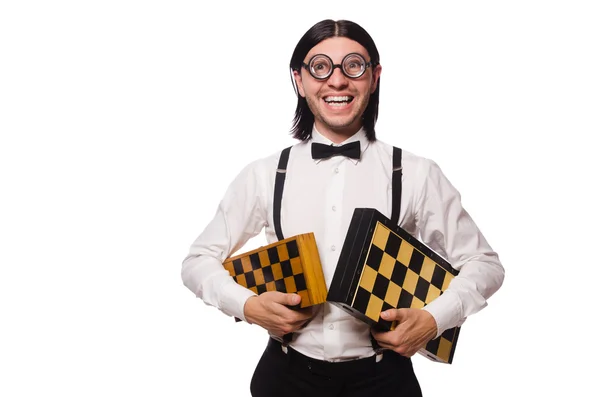 Jogador de xadrez nerd isolado em branco — Fotografia de Stock