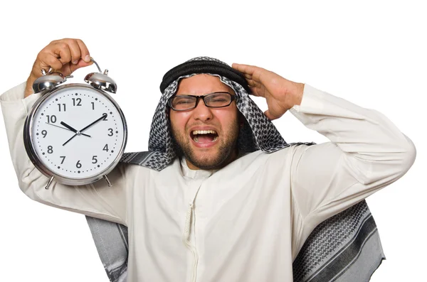 Uomo arabo con orologio isolato su bianco — Foto Stock