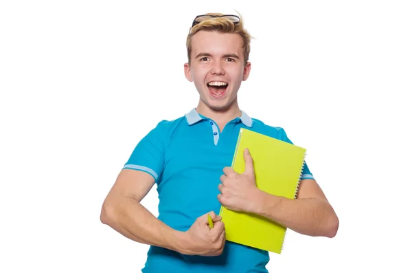 Estudiante enojado con libros aislados en blanco — Foto de Stock