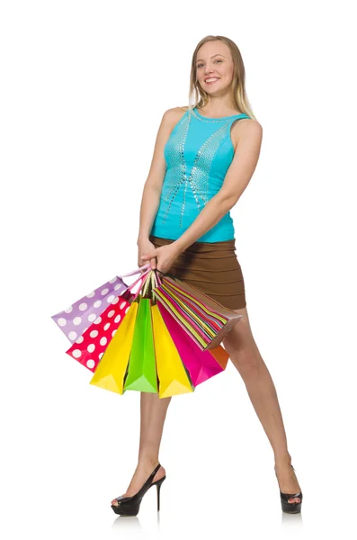 Vrouw met boodschappentassen geïsoleerd op wit Rechtenvrije Stockfoto's