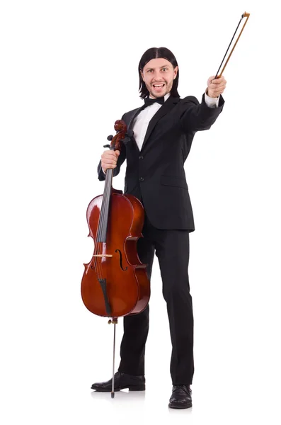 Lustiger Mann mit Musikinstrument auf Weiß — Stockfoto