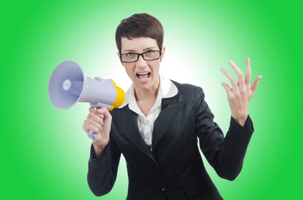 Business lady screaming to loudspeaker — Stock Photo, Image