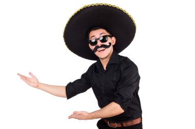 Meksika şapkası takan komik bir adam beyaz şapkalı.