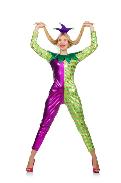 Woman wearing clown costume isolated on white — Stock Photo, Image