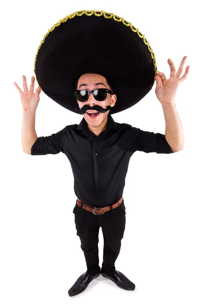 Hombre divertido con sombrero mexicano sombrero aislado en blanco —  Fotos de Stock