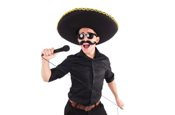 Homem engraçado usando chapéu sombrero mexicano isolado em branco — Fotografia de Stock