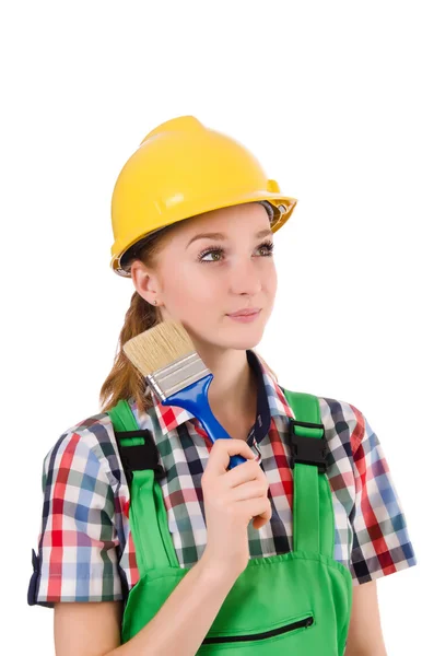 Funny woman painter in construction concept isolated on white — Stock Photo, Image