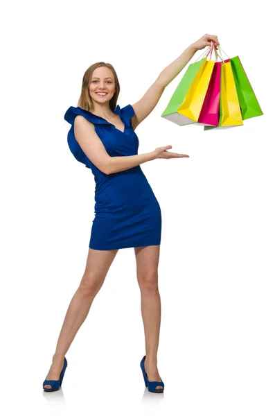 Mujer con muchas bolsas de compras en blanco — Foto de Stock