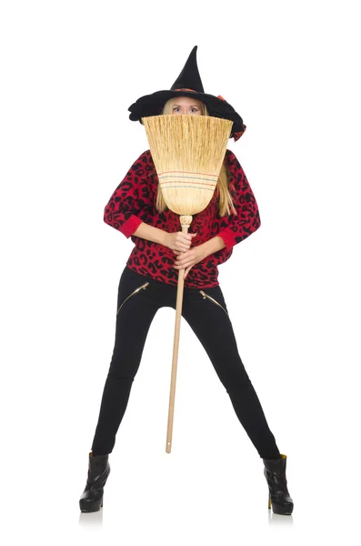 Funny witch with broom isolated on white — Stock Photo, Image