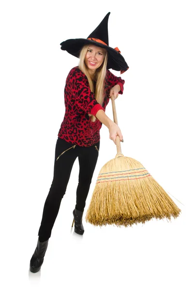 Funny witch with broom isolated on white — Stock Photo, Image