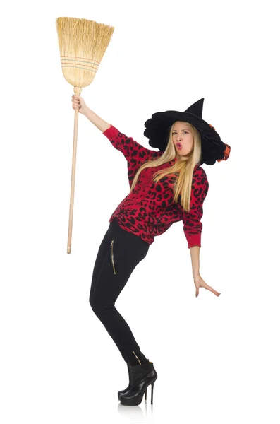 Funny witch with broom isolated on white — Stock Photo, Image