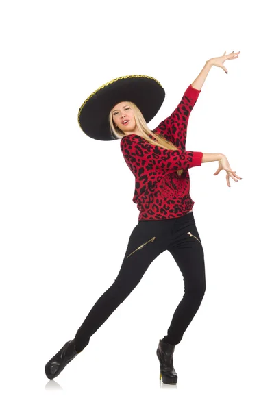 Lustige mexikanische Frau trägt Sombrero isoliert auf weiß — Stockfoto