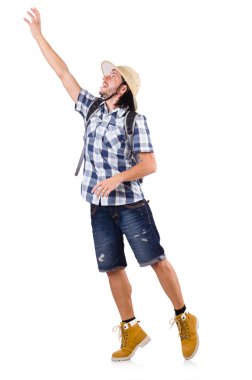 Genç seyahat beyaz izole sırt çantası ile