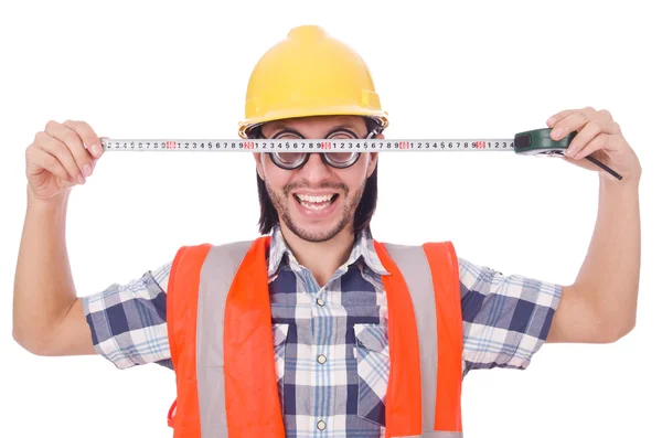 Funny constructon worker with tape-line isolated on white — Stock Photo, Image