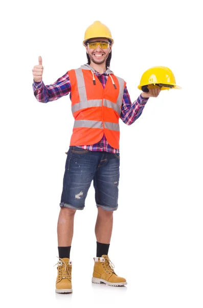 Joven trabajador de la construcción en casco y calzoncillos aislados en blanco —  Fotos de Stock