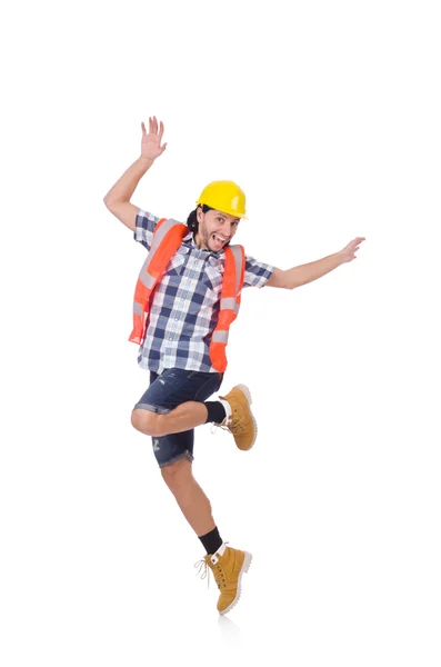 Engraçado dança jovem trabalhador da construção isolado no branco — Fotografia de Stock