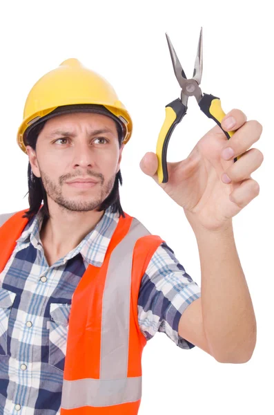 Junger Bauarbeiter mit Zangen isoliert auf weißem Grund — Stockfoto